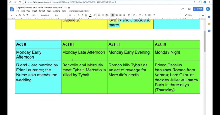 Juliet romeo timeline events calendar major novel grade subject